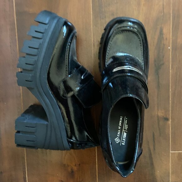 Call It Spring SEREENA High Heel Chunky Vegan Leather Loafers - Black - Picture 1 of 8